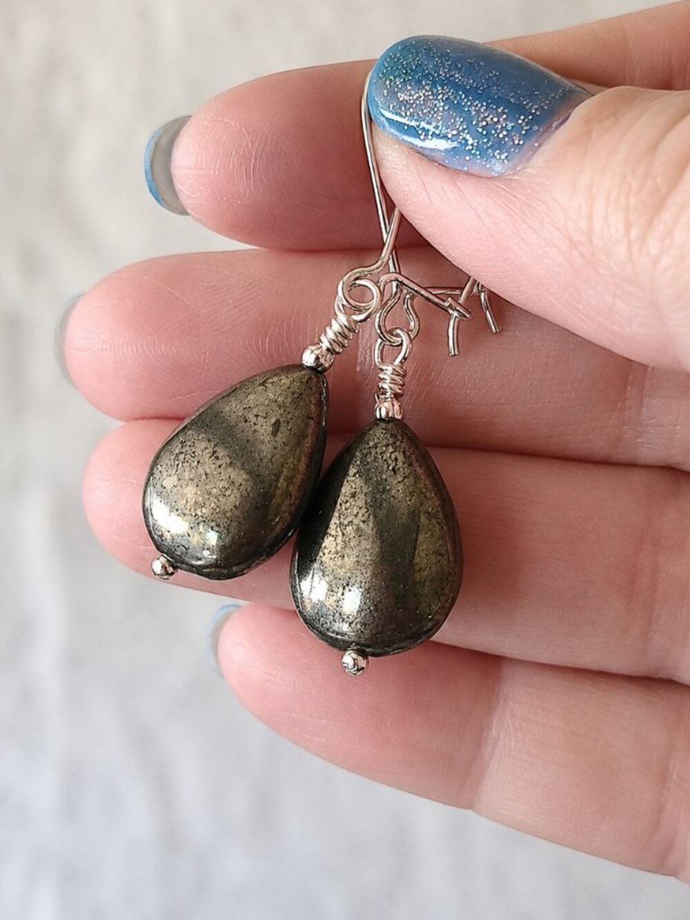 Pyrite Teardrop Earrings 925 Sterling Silver Genuine Gemstone Jewelry - Picture 4 of 10